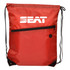 A red drawstring bag with a zippered pocket and a logo on the front.