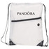 A white drawstring bag with a zippered front pocket and black accents, featuring a logo.