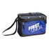 A blue cooler bag with black accents, featuring a zippered compartment and a shoulder strap. It has a logo on the front.