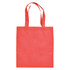 A red shopping tote bag with two handles and a plain design. It features a logo on one side.