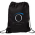 A black drawstring bag featuring a logo and a cinched closure at the top.