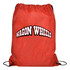 A red drawstring gym bag with a logo in a curved design. The bag features black strings for closure.