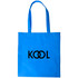 A blue shopping tote bag with a v gusset and a logo printed on the front.