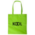 A bright green shopping tote bag with a logo featuring the word "KOOL" in black.