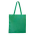 A green shopping tote bag with a V gusset and long handles. The bag features a logo.