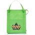 A green insulated grocery tote with a logo on the front and two sturdy handles for carrying.
