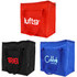Three insulated grocery bags in red, black, and blue, featuring handles and logos on the front.