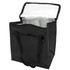 A black insulated grocery bag with a silver reflective interior and dual black handles. It has a zippered top and an exterior pocket.