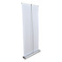 A Deluxe 850mm roll-up banner featuring a sleek silver stand and a white display panel.