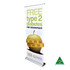A deluxe 850mm roll-up banner featuring a green apple, a measuring tape, and a logo. Predominantly white and yellow.