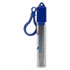 A telescopic stainless steel straw in a clear case with a blue lid and keyring attachment.