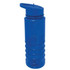 A drink bottle in blue plastic with a screw-on lid and a spout for easy pouring. It features a branding logo.