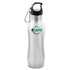 A drink bottle in silver and black with a carabiner and a logo on the side.