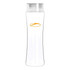 A drink bottle made of clear Tritan with a transparent design and a silver lid. It features a small logo.