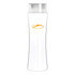 A drink bottle made from clear Tritan with a sleek, curved design and a screw-on lid. It features a logo.