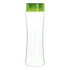 A drink bottle made of clear Tritan plastic with a green lid, featuring a sleek and modern design.