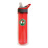 A drink bottle with a clear body and a red lid, featuring a straw and a logo.