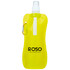 A drink bottle in bright yellow with a flexible design and a cap. It features a logo on the front.