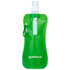 A drink bottle in a vibrant green colour with a spray nozzle and a carabiner clip, featuring a logo.