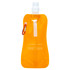 A drink bottle in a vibrant orange colour featuring a carabiner and a logo. The bottle has a flexible design.