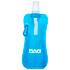 A drink bottle in a translucent blue colour with a clear spout and a carabiner attachment. It features a logo.