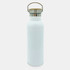 A drink bottle in white with a metal lid and wooden handle, featuring a logo on the front.