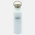 A drink bottle in white with a metal lid and a wooden handle, featuring a logo on the front.