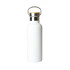 A drink bottle in white with a stainless steel cap and a wooden handle, featuring a logo on the side.
