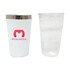 A drink bottle featuring a white exterior with a silver lid and a transparent cup beside it, both sleek in design.