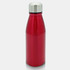 A drink bottle in vibrant red with a stainless steel cap, featuring a sleek design and a logo.