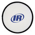 A fold-up flying disc in white with a black border, featuring a logo in blue.
