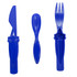 A blue plastic cutlery set featuring a knife, spoon, and fork, arranged side by side.