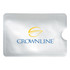 A silver RFID credit card protector sleeve featuring a logo and an open slot for card insertion.