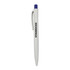 A white plastic pen with a purple cap and a logo, featuring a simple design and a clip for easy attachment.