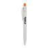 A white plastic pen with an orange tip and a clip, featuring a logo on the barrel.