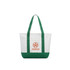 A small canvas tote bag in white and green, featuring a logo on the front and two sturdy handles.