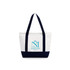 A small canvas tote bag in white and navy blue, featuring a logo on the front.