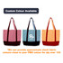 A small canvas tote bag in pink, blue, and orange, featuring a logo and contrasting base colours.