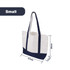 A small canvas tote bag in white and navy blue, featuring a logo and measuring 37cm wide by 28cm tall.