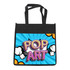 A black non-woven tote bag featuring a vibrant pop art design with comic-style elements and a logo.