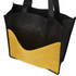 A non-woven tote bag in black with a yellow curved section and dual handles, featuring a logo.