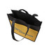 A wide, non-woven tote bag in yellow and black, featuring a logo on the front and dual handles.