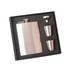 A stainless steel hip flask set in a black box, featuring a flask, two cups, and a funnel.