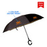 A black reversible folding umbrella with a hook handle and a single colour outer print.