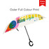 A reversible folding umbrella featuring a white canopy with colourful designs and a curved black handle.