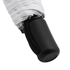A black handle of a white umbrella, featuring a textured grip and a cord for carrying.