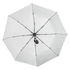 A white umbrella with a black handle and a logo, featuring an eight-panel design.