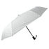 A white umbrella with a black handle features a logo on the canopy.