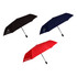 Three umbrellas in black, navy blue, and red, each featuring a different logo on the canopy.