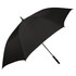 A black umbrella with a curved handle and metal frame, featuring a simple design and a logo on the canopy.